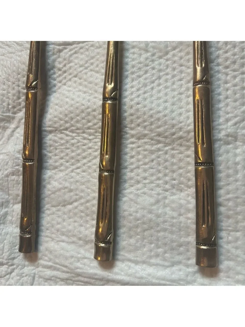 VTG Mid Century Serving Utensils Nickel Bronze Bamboo Design Set of 11 Gold Tone